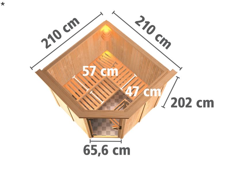 Karibu Sauna Jarin inkl. 9-kW-Ofen mit externer Steuerung, mit Dachkranz, mit moderner Saunatür