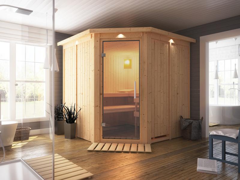 Karibu Sauna Jarin inkl. 9 kW Ofen mit int. Steuerung, mit Dachkranz, mit Ganzglas Klarglastür