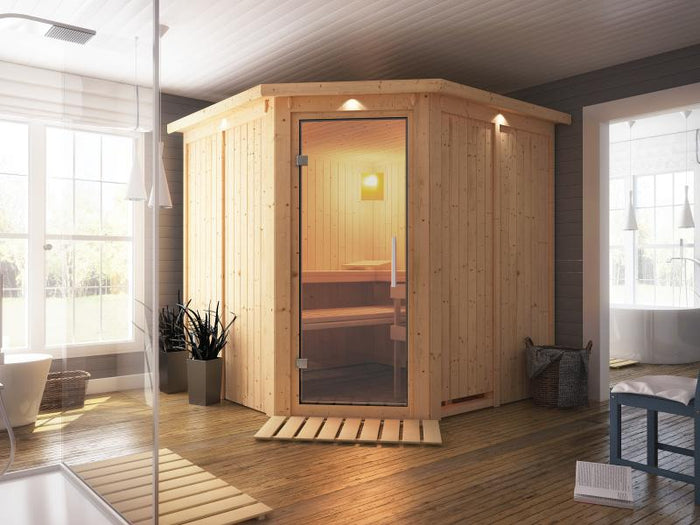 Karibu Sauna Jarin inkl. 9 kW Ofen mit int. Steuerung, mit Dachkranz, mit Ganzglas Klarglastür