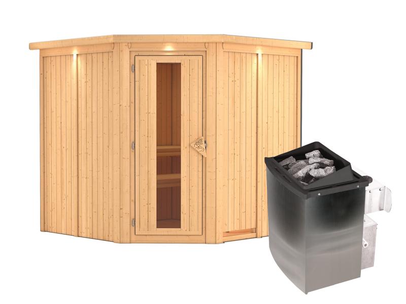 Karibu Sauna Jarin inkl. 9-kW-Ofen mit interner Steuerung, mit Dachkranz, mit energiesparender Sauna