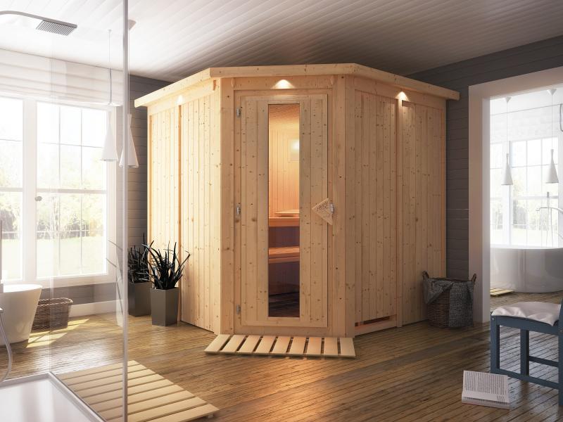 Karibu Sauna Jarin inkl. 9-kW-Ofen mit interner Steuerung, mit Dachkranz, mit energiesparender Sauna