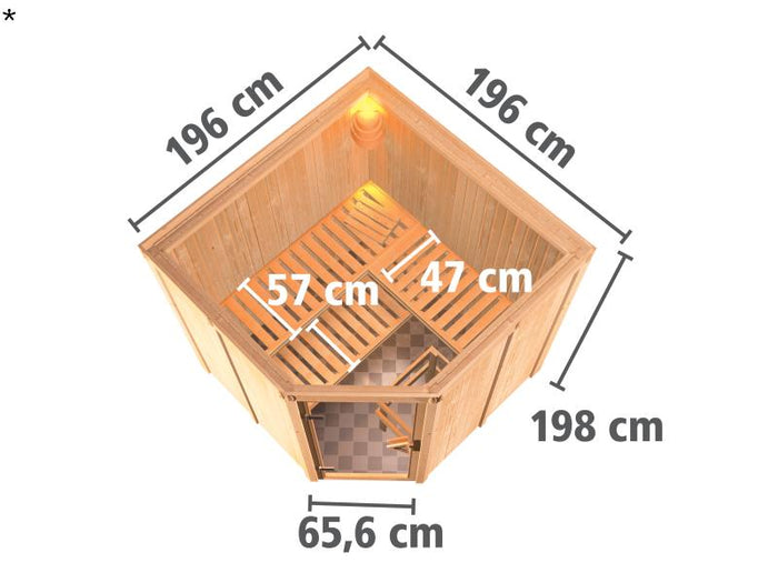 Karibu Sauna Jarin inkl. 9-kW-Ofen mit interner Steuerung, ohne Dachkranz, mit moderner Saunatür