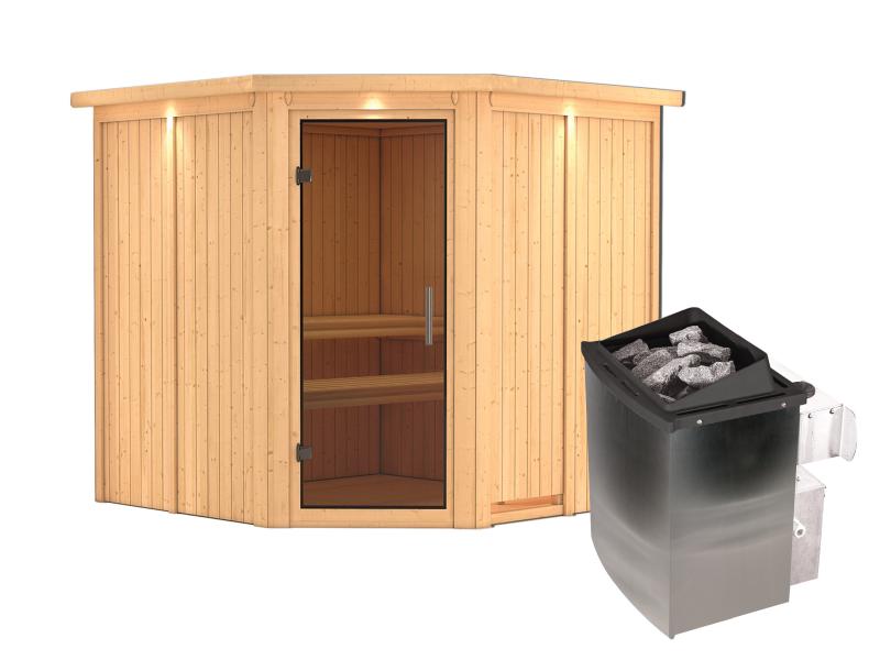 Karibu Sauna Jarin inkl. 9-kW-Ofen mit interner Steuerung, mit Dachkranz, mit moderner Saunatür