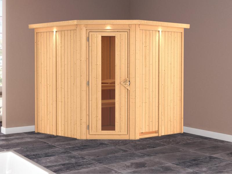 Karibu Sauna Jarin ohne Ofen, mit Dachkranz, mit energiesparender Saunatür