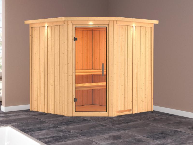 Karibu Sauna Jarin ohne Ofen, mit Dachkranz, mit Ganzglas Klarglastür