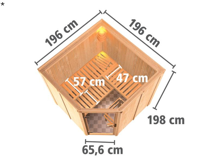 Karibu Sauna Jarin ohne Ofen, ohne Dachkranz, mit moderner Saunatür