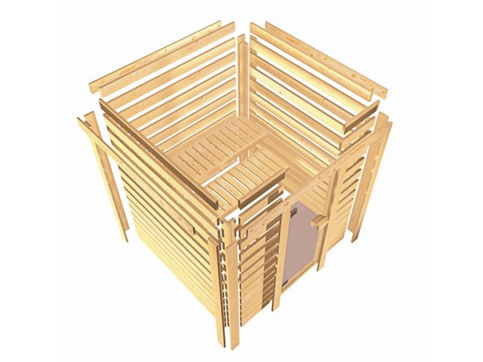 Karibu Sauna Jella inkl. 9 kW Bioofen ext. Steuerung mit klassischer Saunatür -ohne Dachkranz-