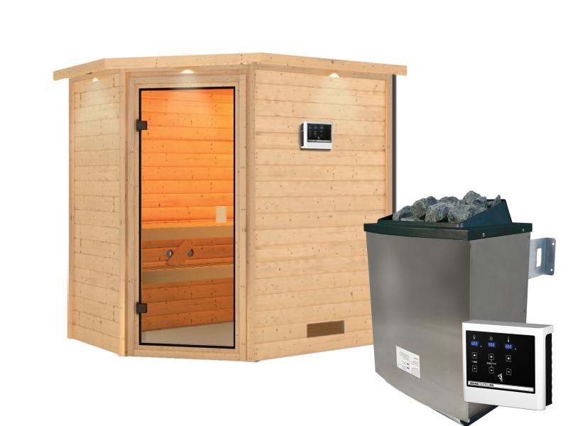 Karibu Sauna Jella inkl. 9 kW Ofen ext. Steuerung mit klassischer Saunatür -mit Dachkranz-