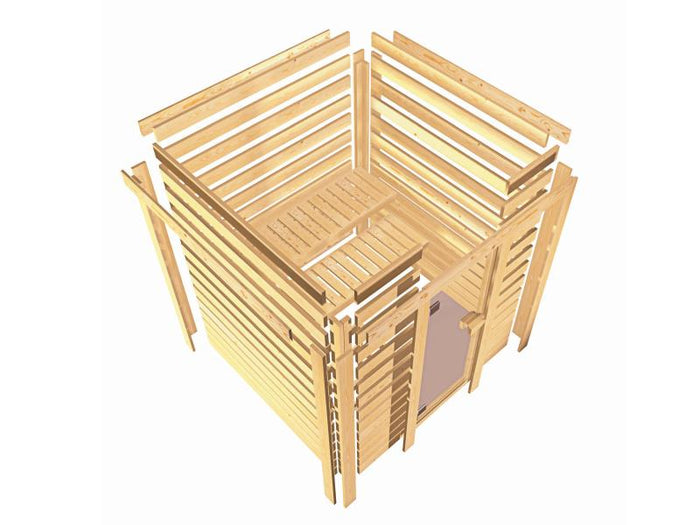 Karibu Sauna Jella inkl. 9 kW Ofen ext. Steuerung mit klassischer Saunatür -mit Dachkranz-