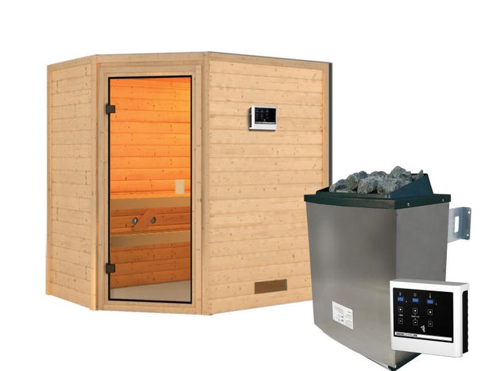 Karibu Sauna Jella inkl. 9 kW Ofen ext. Steuerung, mit klassischer Saunatür -ohne Dachkranz-