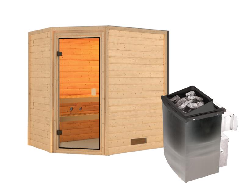 Karibu Sauna Jella inkl. 9 kW Ofen integr. Steuerung mit klassischer Saunatür -ohne Dachkranz-