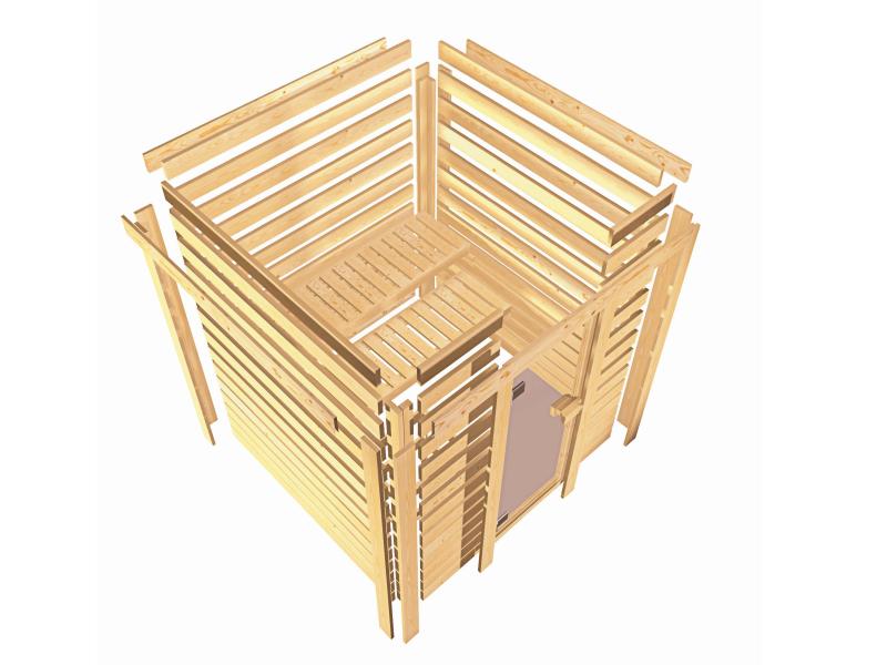 Karibu Sauna Jella inkl. 9 kW Ofen integr. Steuerung mit klassischer Saunatür -ohne Dachkranz-
