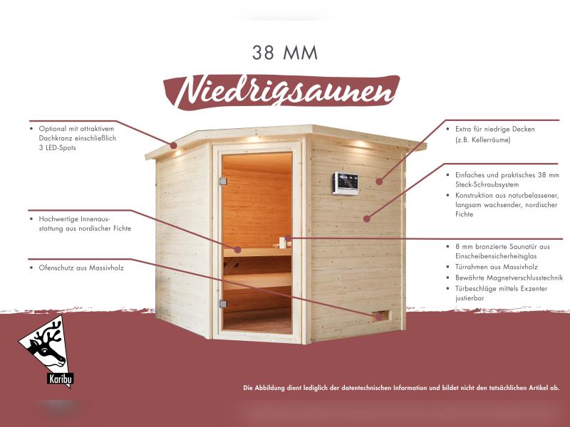 Karibu Sauna Jella inkl. 9 kW Ofen integr. Steuerung mit klassischer Saunatür -mit Dachkranz-