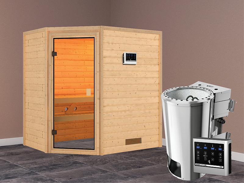 Karibu Sauna Jella mit 3,6 kW Bioofen ext. Strg 38 mm
