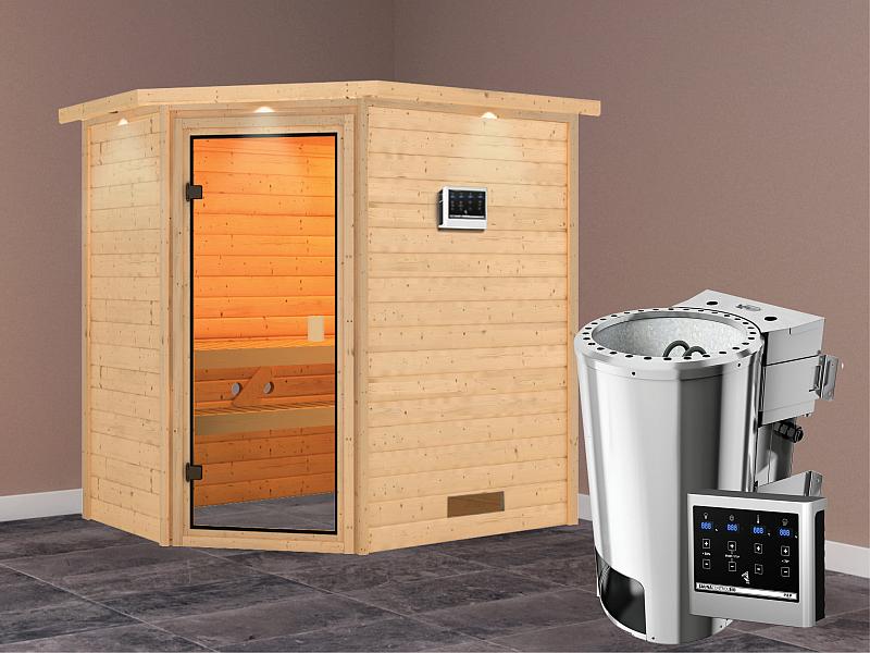 Karibu Sauna Jella mit 3,6 kW Bioofen ext. Strg und Dachkranz 38 mm