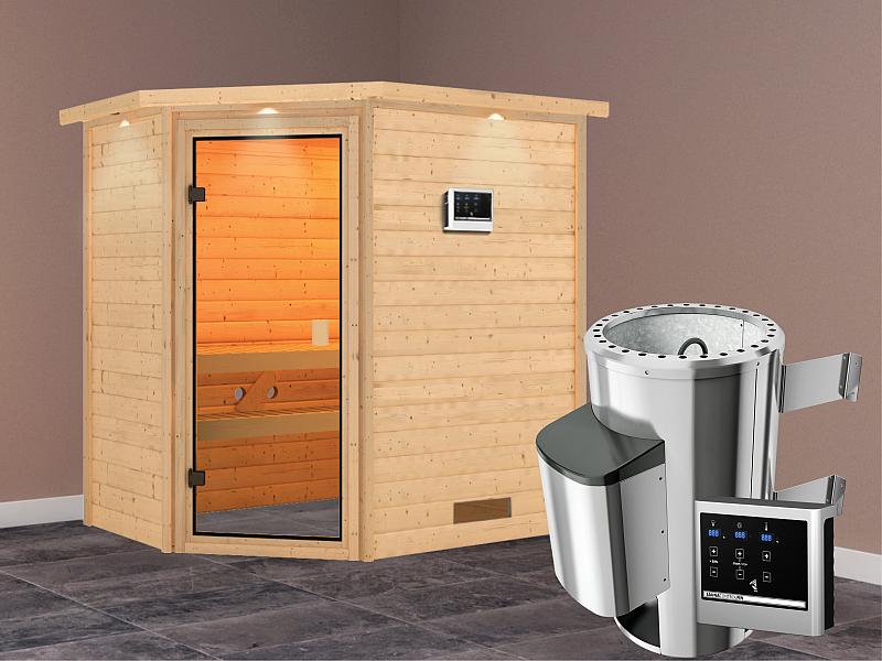 Karibu Sauna Jella mit 3,6 kW Ofen ext. Strg und Dachkranz 38 mm