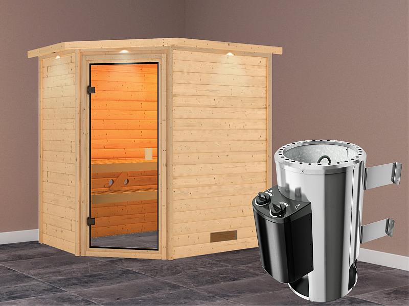 Karibu Sauna Jella mit 3,6 kW Ofen integr. Strg und Dachkranz 38 mm
