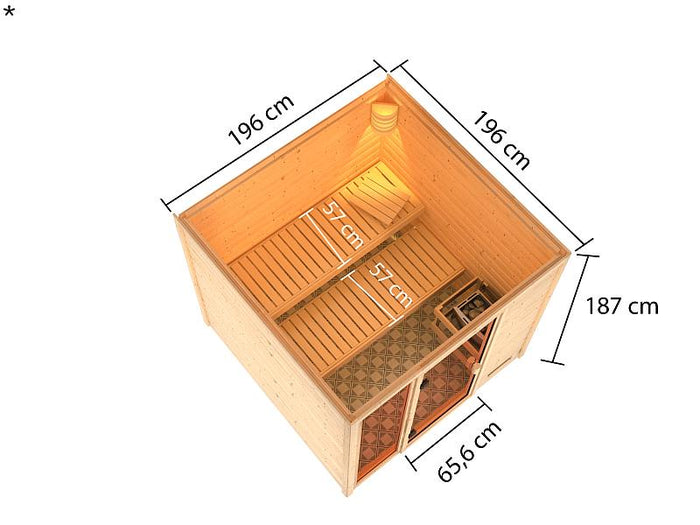 Karibu Sauna Jutta mit 9 kW Ofen integr. Strg 38 mm