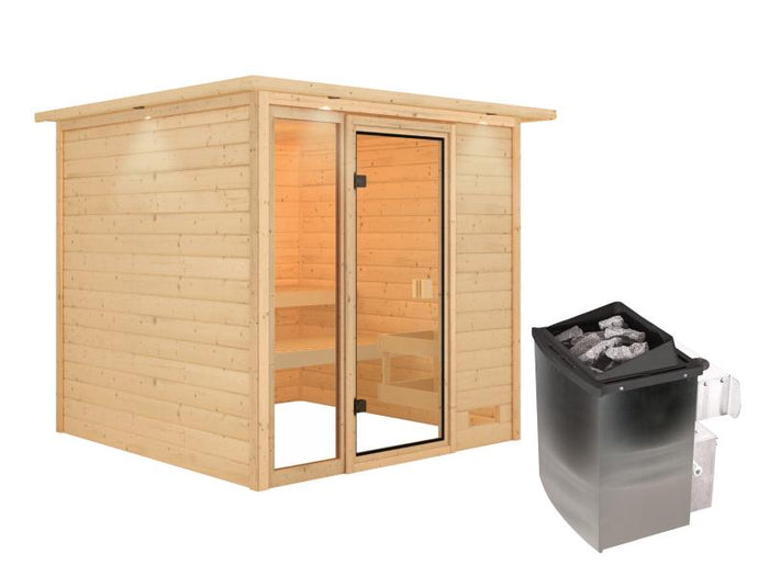 Karibu Sauna Jutta mit 9 kW Ofen integr. Strg und Dachkranz 38 mm