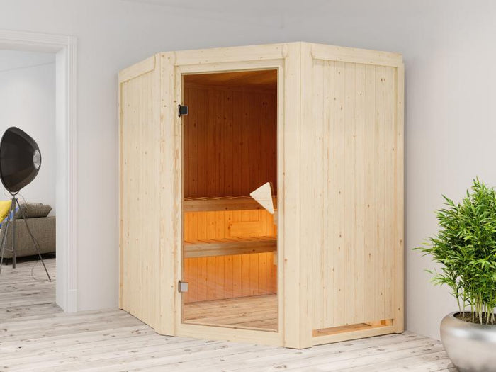 Karibu Sauna Larin inkl. 9 kW Bioofen externe Steuerung, mit bronzierter Ganzglastür - ohne Dachkran