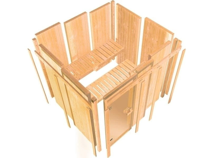 Karibu Sauna Larin inkl. 9 kW Bioofen externe Steuerung, mit moderner Saunatür - ohne Dachkranz -