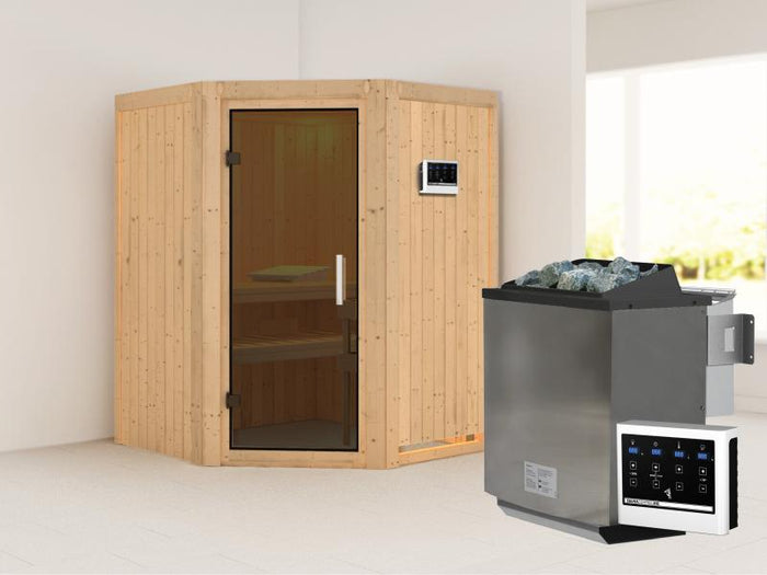 Karibu Sauna Larin inkl. 9 kW Bioofen externe Steuerung, mit moderner Saunatür - ohne Dachkranz -