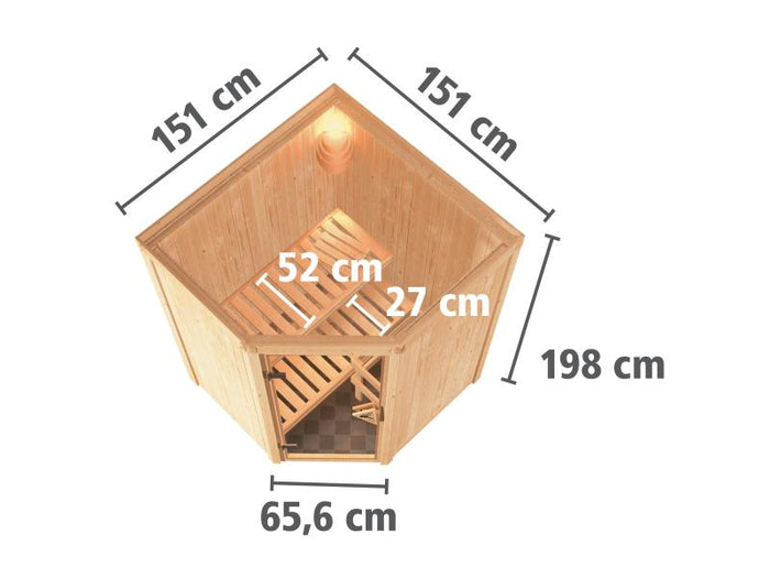 Karibu Sauna Larin inkl. 9 kW Bioofen externe Steuerung, mit moderner Saunatür - ohne Dachkranz -
