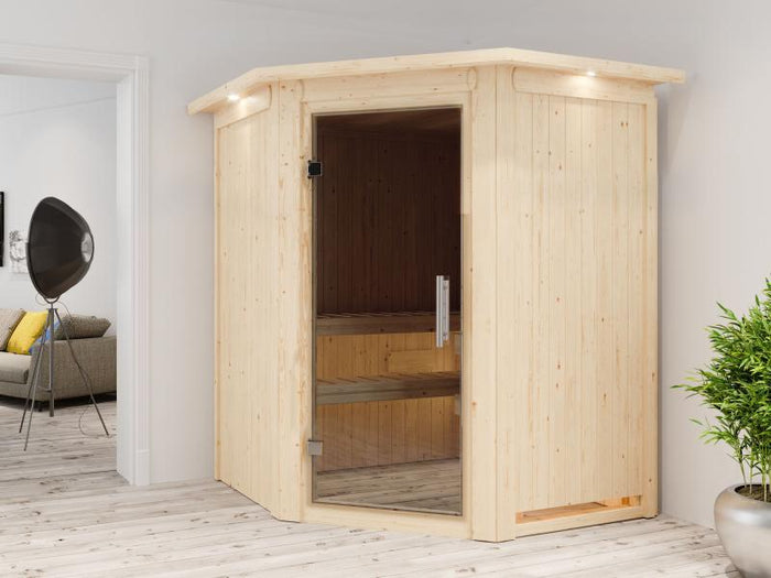 Karibu Sauna Larin inkl. 9 kW Bioofen externe Steuerung, mit moderner Saunatür - mit Dachkranz -