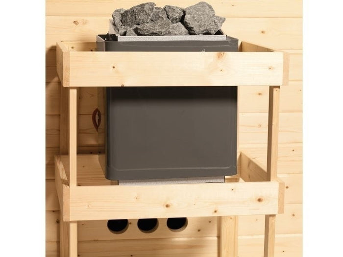 Karibu Sauna Larin inkl. 9 kW Bioofen externe Steuerung, mit moderner Saunatür - mit Dachkranz -