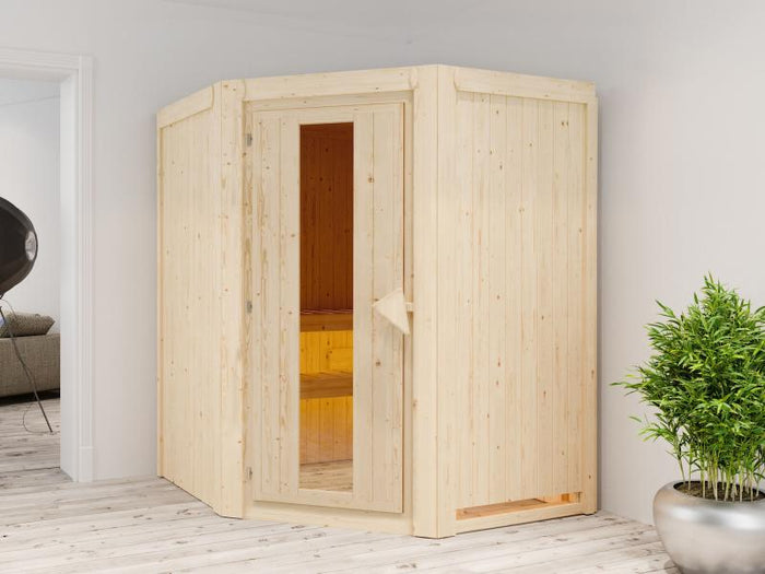 Karibu Sauna Larin inkl. 9 kW Bioofen mit externer Steuerung, ohne Dachkranz, mit energiesparender S