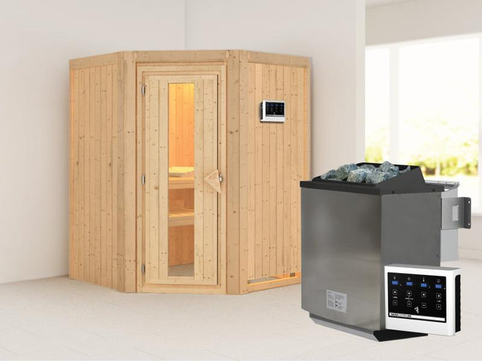 Karibu Sauna Larin inkl. 9 kW Bioofen mit externer Steuerung, ohne Dachkranz, mit energiesparender S