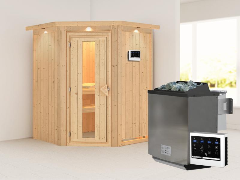 Karibu Sauna Larin inkl. 9 kW Bioofen mit externer Steuerung, mit Dachkranz, mit energiesparender Sa