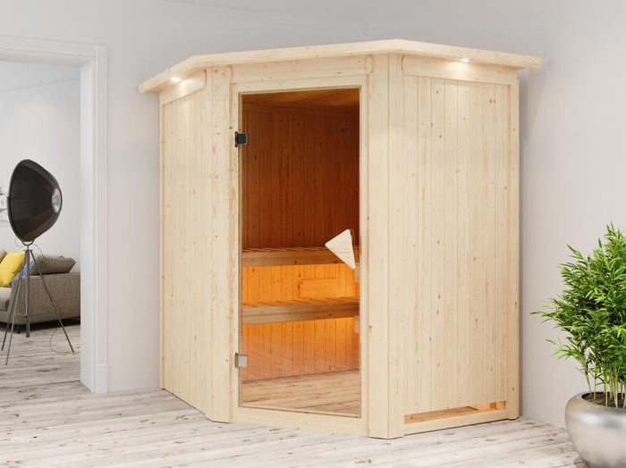 Karibu Sauna Larin inkl. 9 kW Ofen externe Steuerung, mit bronzierter Ganzglastür - mit Dachkranz -