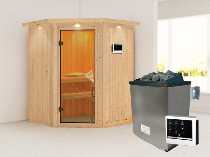 Karibu Sauna Larin inkl. 9 kW Ofen externe Steuerung, mit bronzierter Ganzglastür - mit Dachkranz -