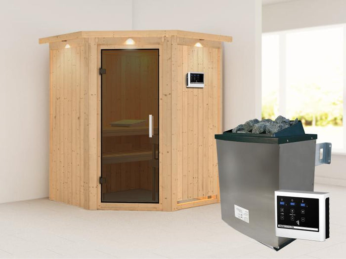 Karibu Sauna Larin inkl. 9 kW Ofen externe Steuerung, mit moderner Saunatür - mit Dachkranz -