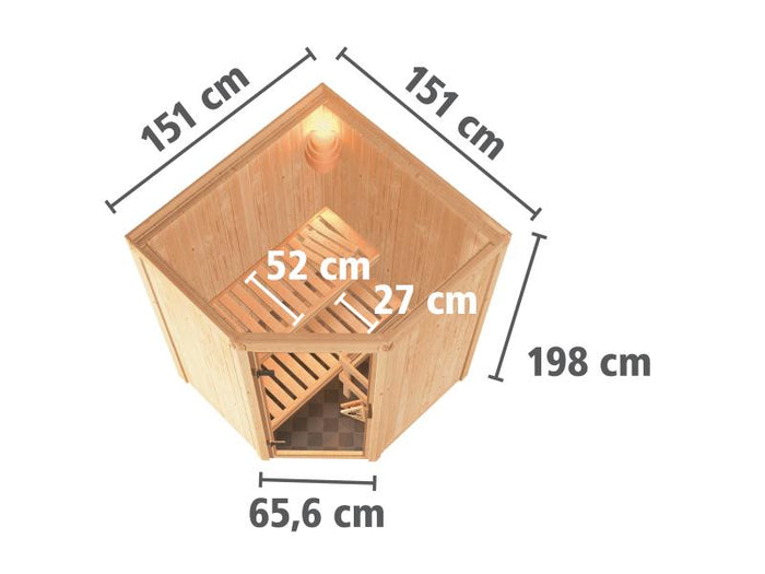 Karibu Sauna Larin inkl. 9 kW Ofen integrierte Steuerung, mit bronzierter Ganzglastür - ohne Dachkra