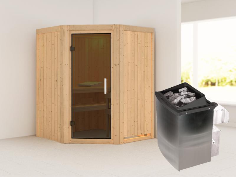 Karibu Sauna Larin inkl. 9 kW Ofen integrierte Steuerung mit moderner Saunatür - ohne Dachkranz -