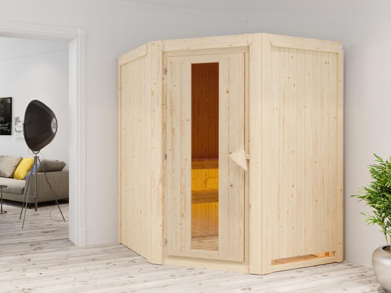 Karibu Sauna Larin inkl. 9 kW Ofen mit externer Steuerung, ohne Dachkranz, mit energiesparender Saun