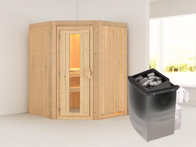 Karibu Sauna Larin inkl. 9 kW Ofen mit integr. Steuerung, ohne Dachkranz, mit energiesparender Sauna