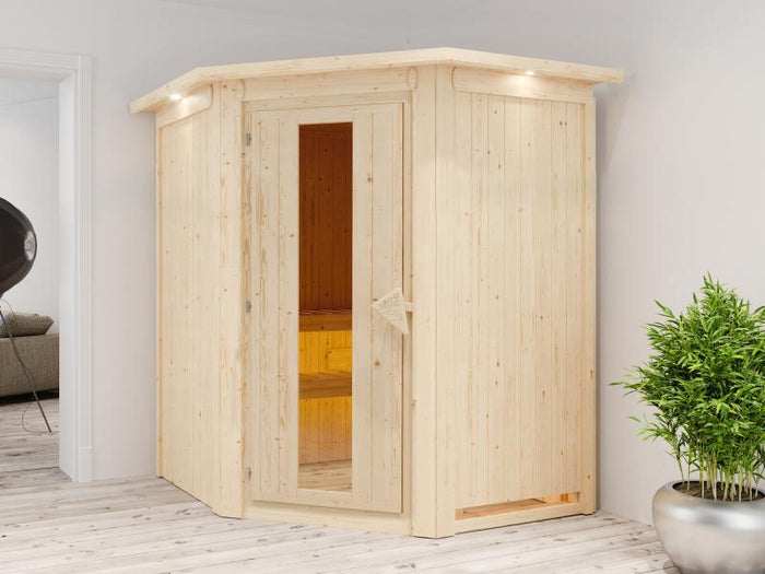 Karibu Sauna Larin inkl. 9 kW Ofen mit interner Steuerung, mit Dachkranz, mit energiesparender Sauna