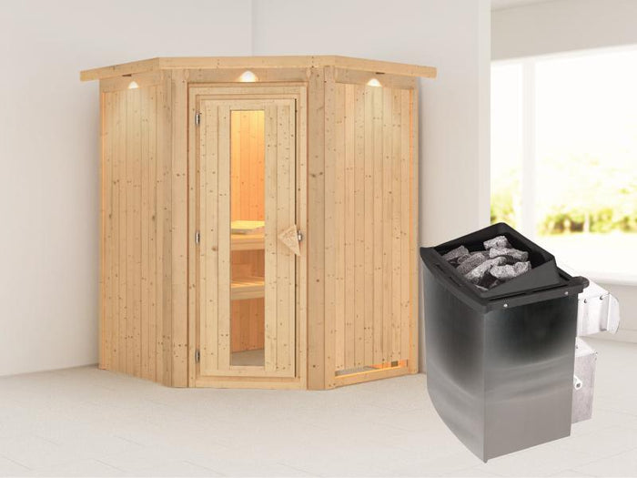 Karibu Sauna Larin inkl. 9 kW Ofen mit interner Steuerung, mit Dachkranz, mit energiesparender Sauna