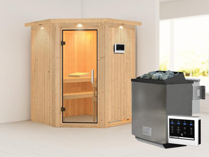Karibu Sauna Larin inkl. 9kW Bioofen externe Steuerung, mit Klarglas-Ganzglastür -mit Dachkranz-
