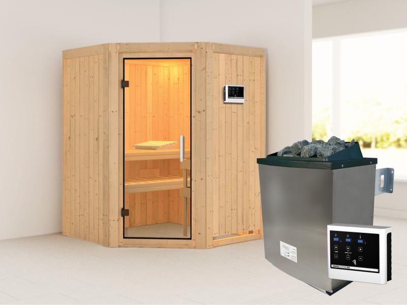 Karibu Sauna Larin inkl. 9kW Ofen externe Steuerung, mit Klarglas-Ganzglastür -ohne Dachkranz-