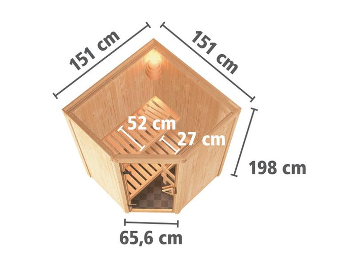 Karibu Sauna Larin inkl. 9kW Ofen externe Steuerung, mit Klarglas-Ganzglastür -ohne Dachkranz-