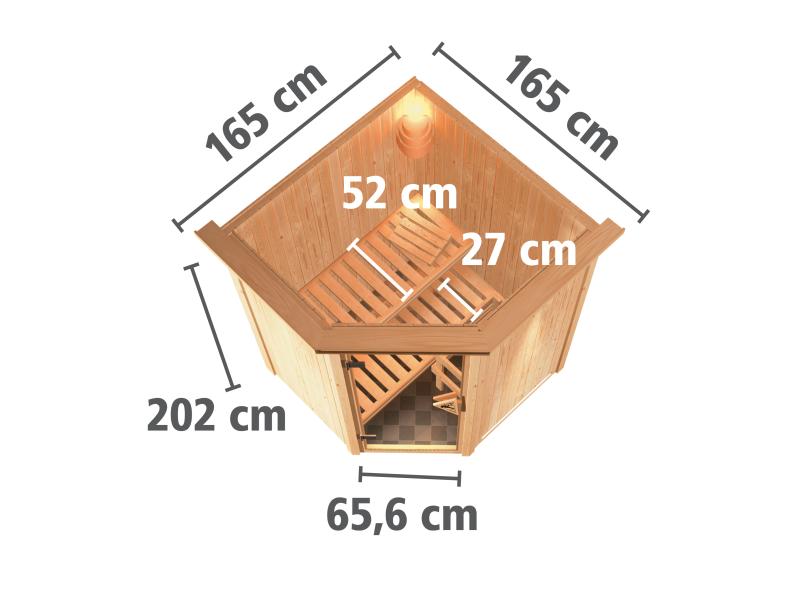 Karibu Sauna Larin inkl. 9kW Ofen externe Steuerung, mit Klarglas-Ganzglastür -mit Dachkranz-