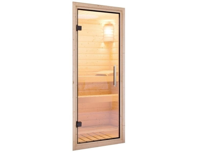 Karibu Sauna Larin inkl. 9kW Ofen externe Steuerung, mit Klarglas-Ganzglastür -mit Dachkranz-