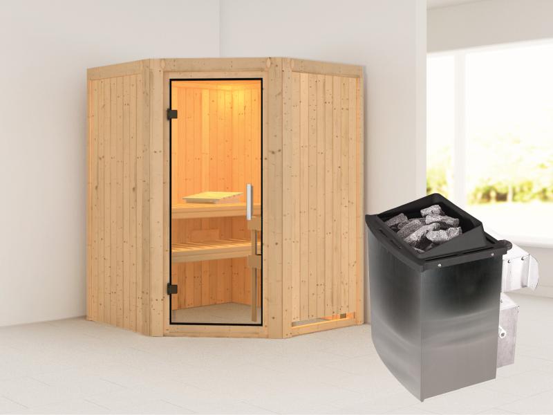 Karibu Sauna Larin inkl. 9kW Ofen integrierte Steuerung, mit Klarglas-Ganzglastür -ohne Dachkranz-