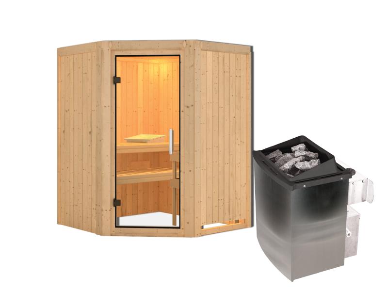 Karibu Sauna Larin inkl. 9kW Ofen integrierte Steuerung, mit Klarglas-Ganzglastür -ohne Dachkranz-