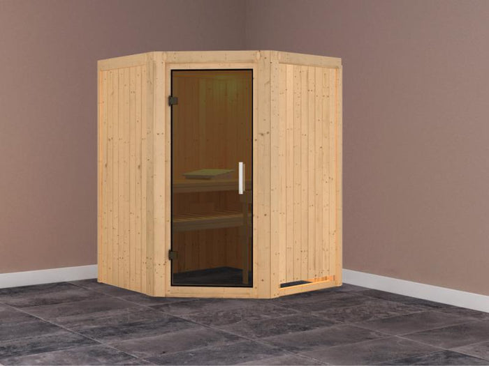 Karibu Sauna Larin ohne Ofen, ohne Dachkranz, mit moderner Saunatür