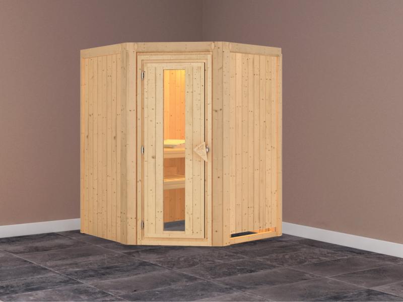 Karibu Sauna Larin ohne Ofen, ohne Dachkranz, mit energiesparender Saunatür